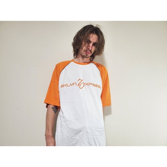 BX 70 BKLYN XPRESS Embroidered Logo Orange White Brown Accent Shirt Men's XL - Picture 2 of 7